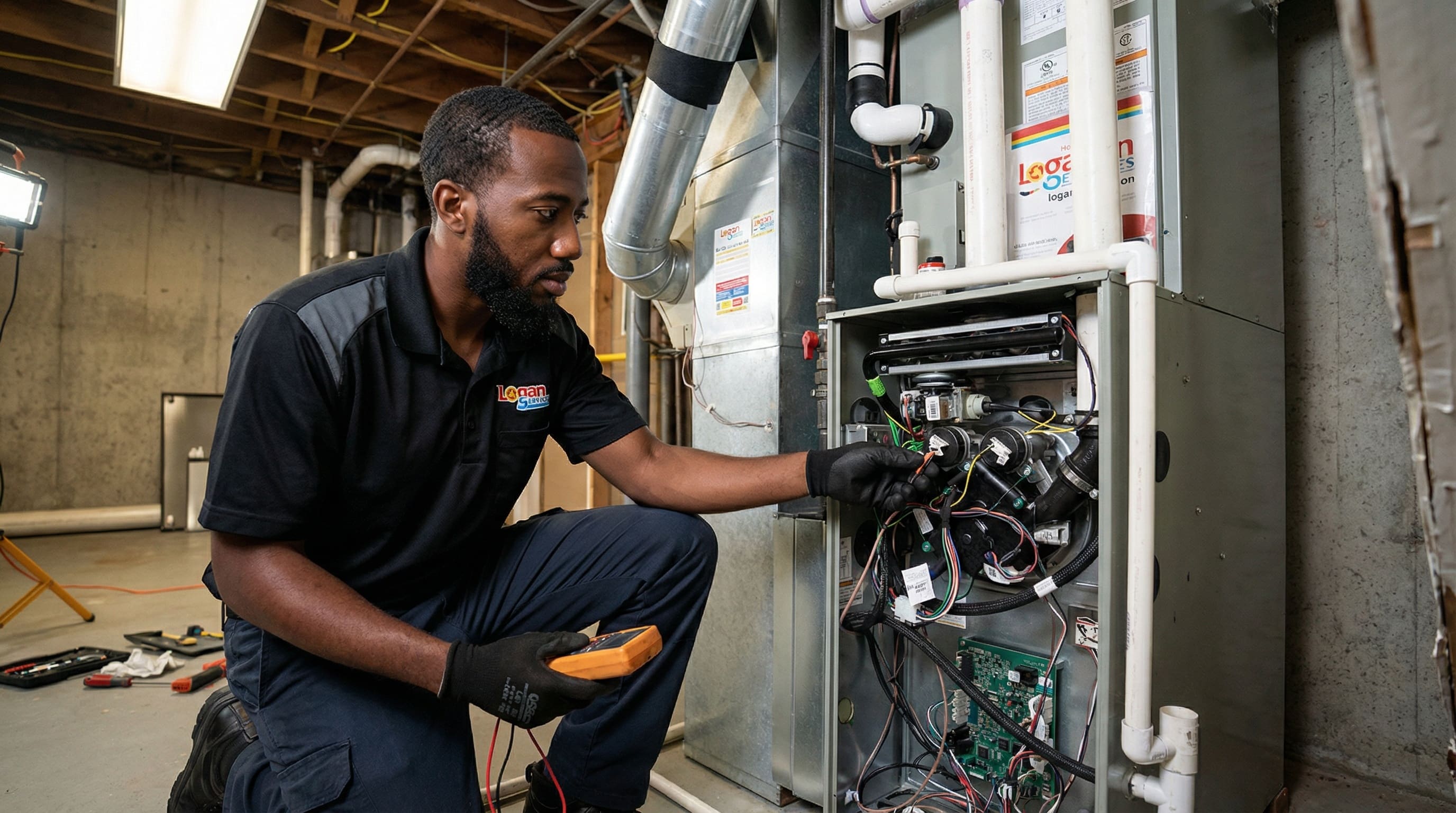 Logan Services technician inspecting a residential furnace in a Dayton home